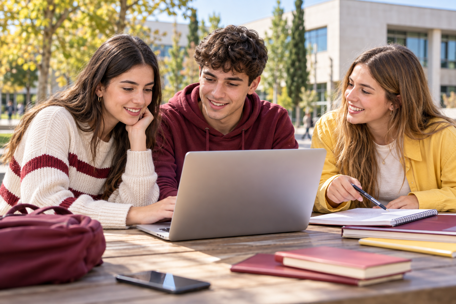 Tres jóvenes de FP al aire libre, con portátil y apuntes, preparando su búsqueda de empleo y prácticas.