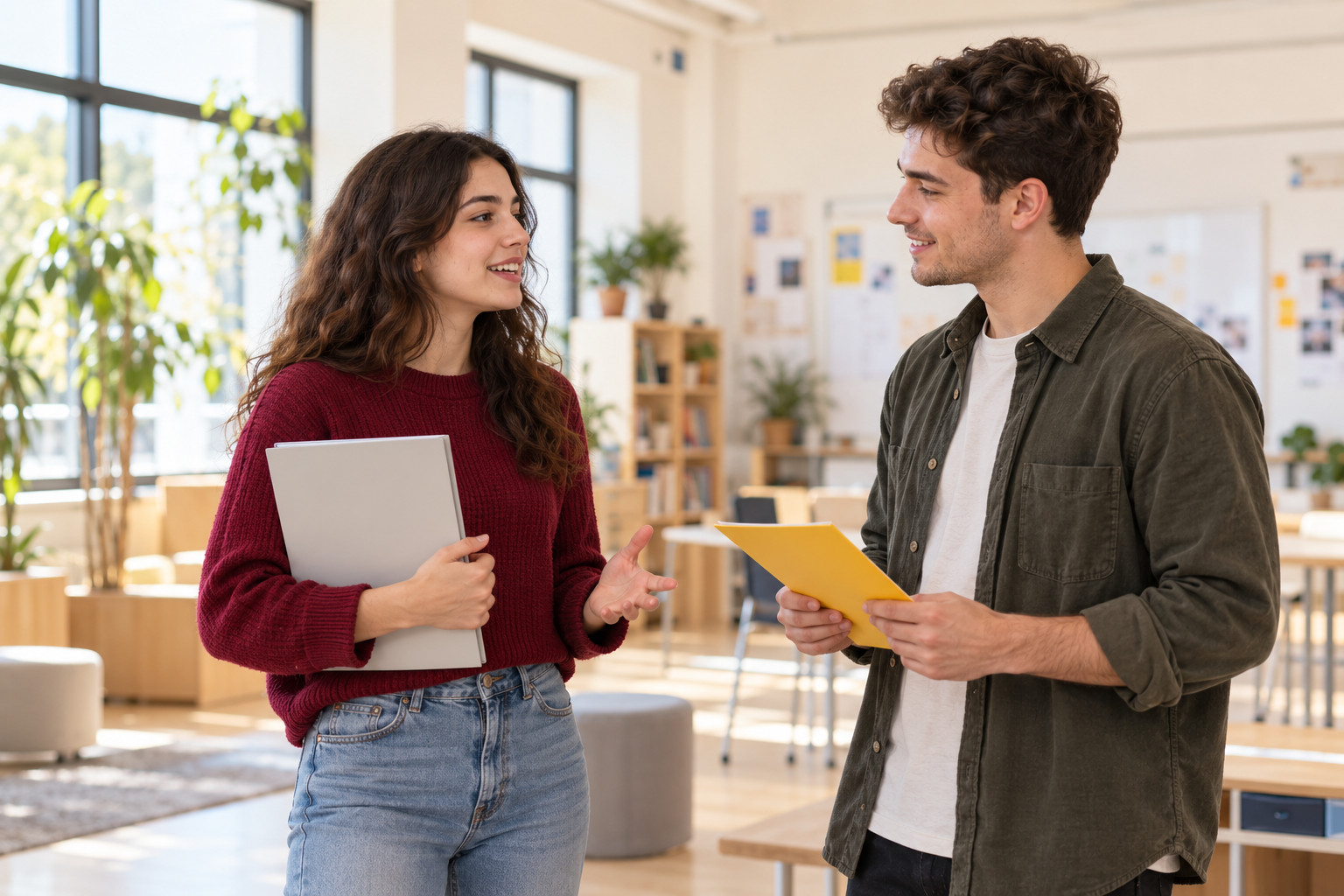 Dos jóvenes de FP en un aula luminosa: ella con un portátil y él con una carpeta, conversando.