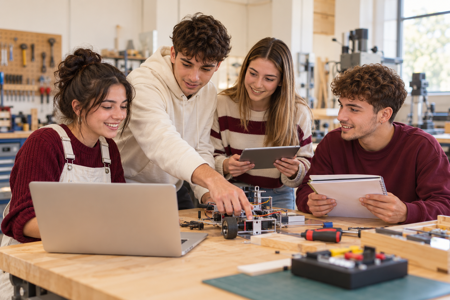 Cuatro jóvenes de FP en un taller, con portátil, tablet y un proyecto de robótica.